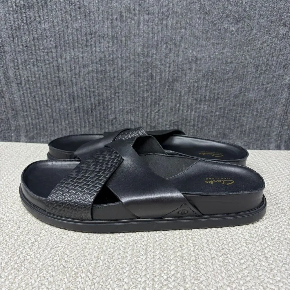 Clarks Torford Cross Sandals Black Leather Flat Mens Size 11.5